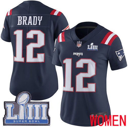 New England Patriots Football 12 Super Bowl LIII Bound Limited Navy Blue Women Tom Brady NFL Jersey